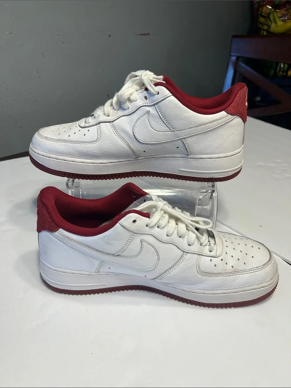 Men's White Sneakers with Burgundy Collar and Outsole